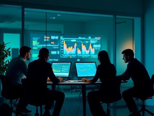 Equipo trabajando en proyecto Fintech MX con pantallas y gráficos